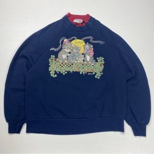 Vintage Morning Sun Cats Singing on a Fence Navy Double-Neck Graphic Crewneck L